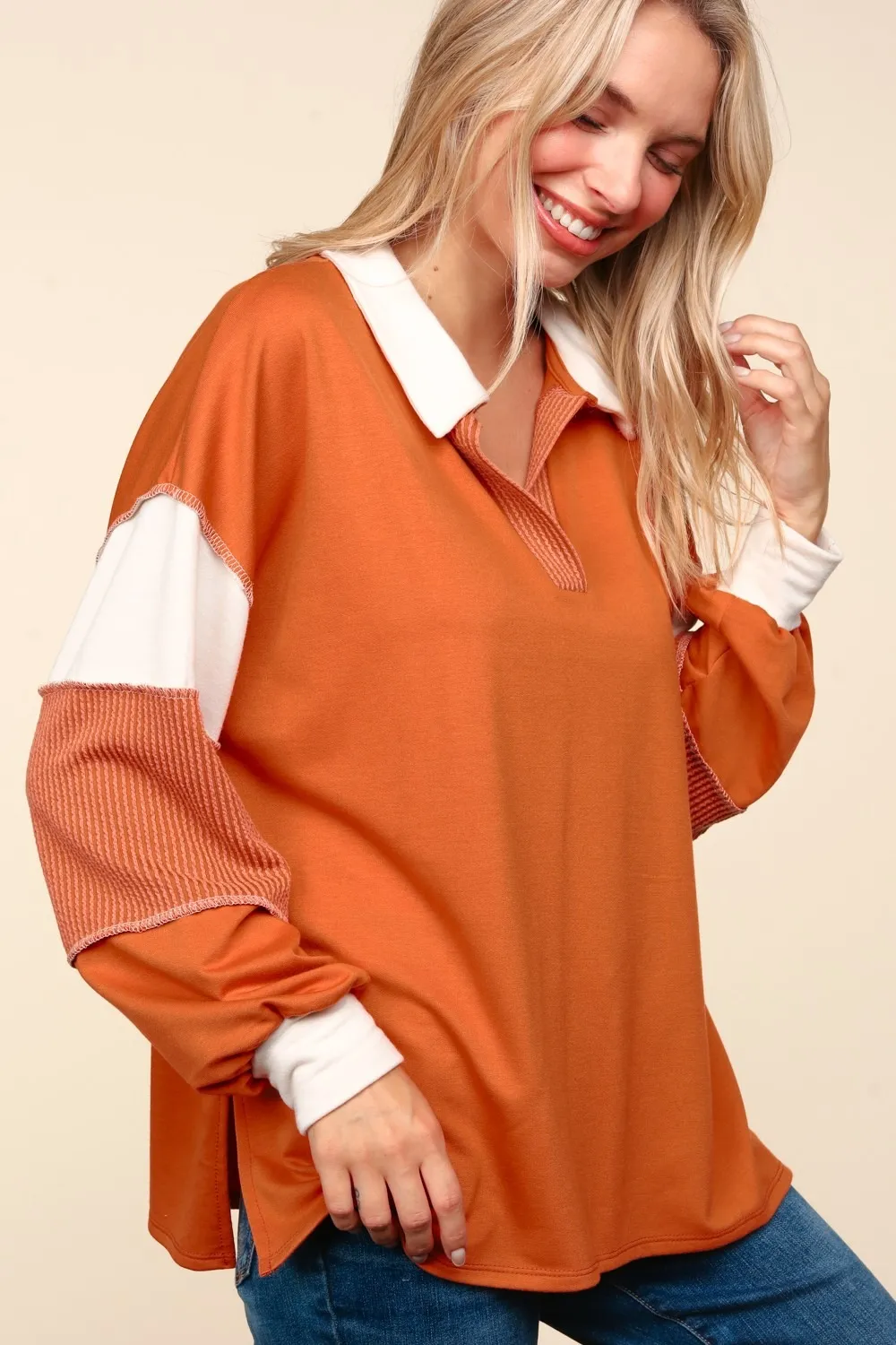 Color Block Exposed Seam Long Sleeve Top, image 4