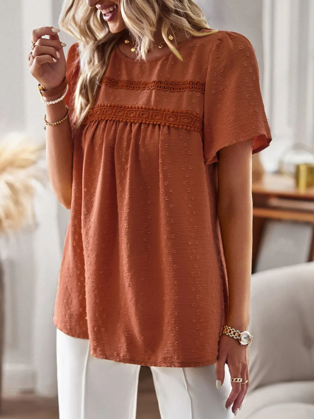 Lace Detail Round Neck Short Sleeve Blouse, image 5