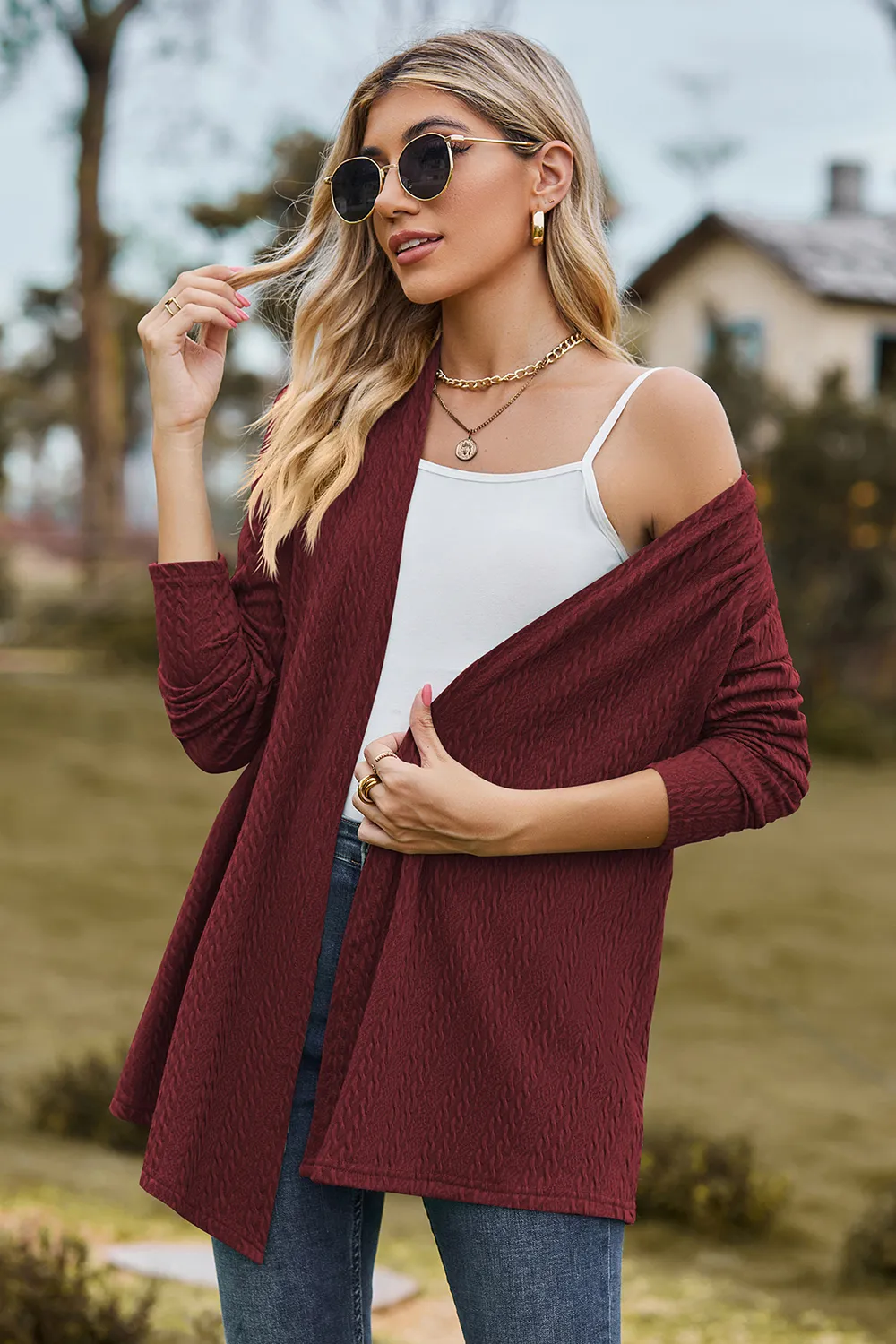 Textured Open Front Long Sleeve Cardigan, image 3
