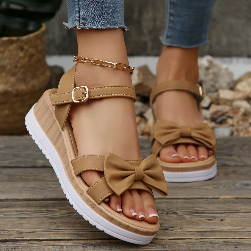 Bow Open Toe Wedge Sandals, image 9
