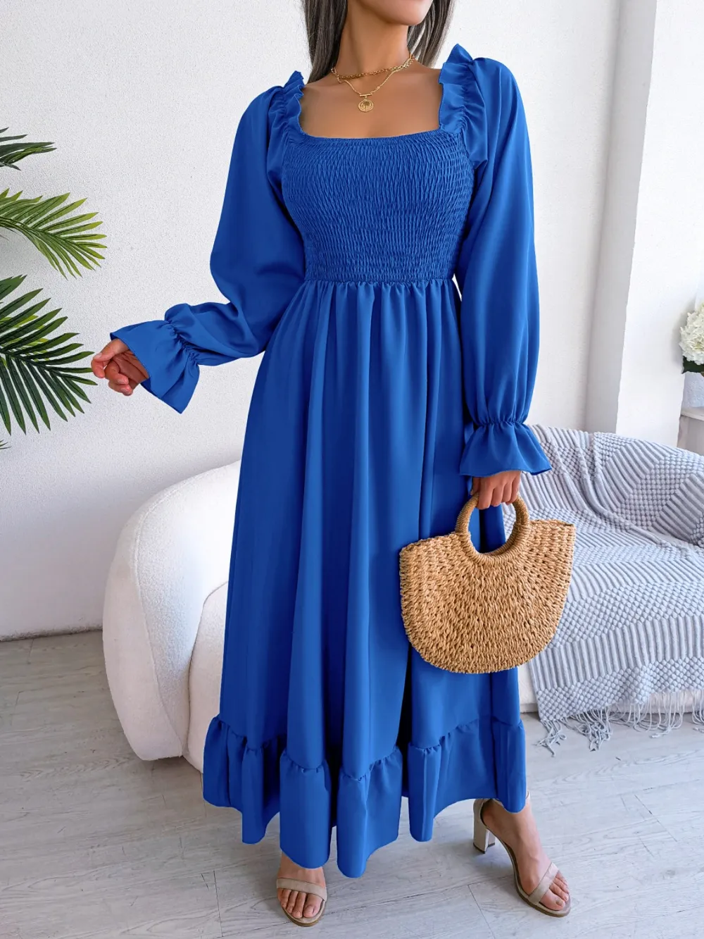 Smocked Square Neck Flounce Sleeve Dress, image 2