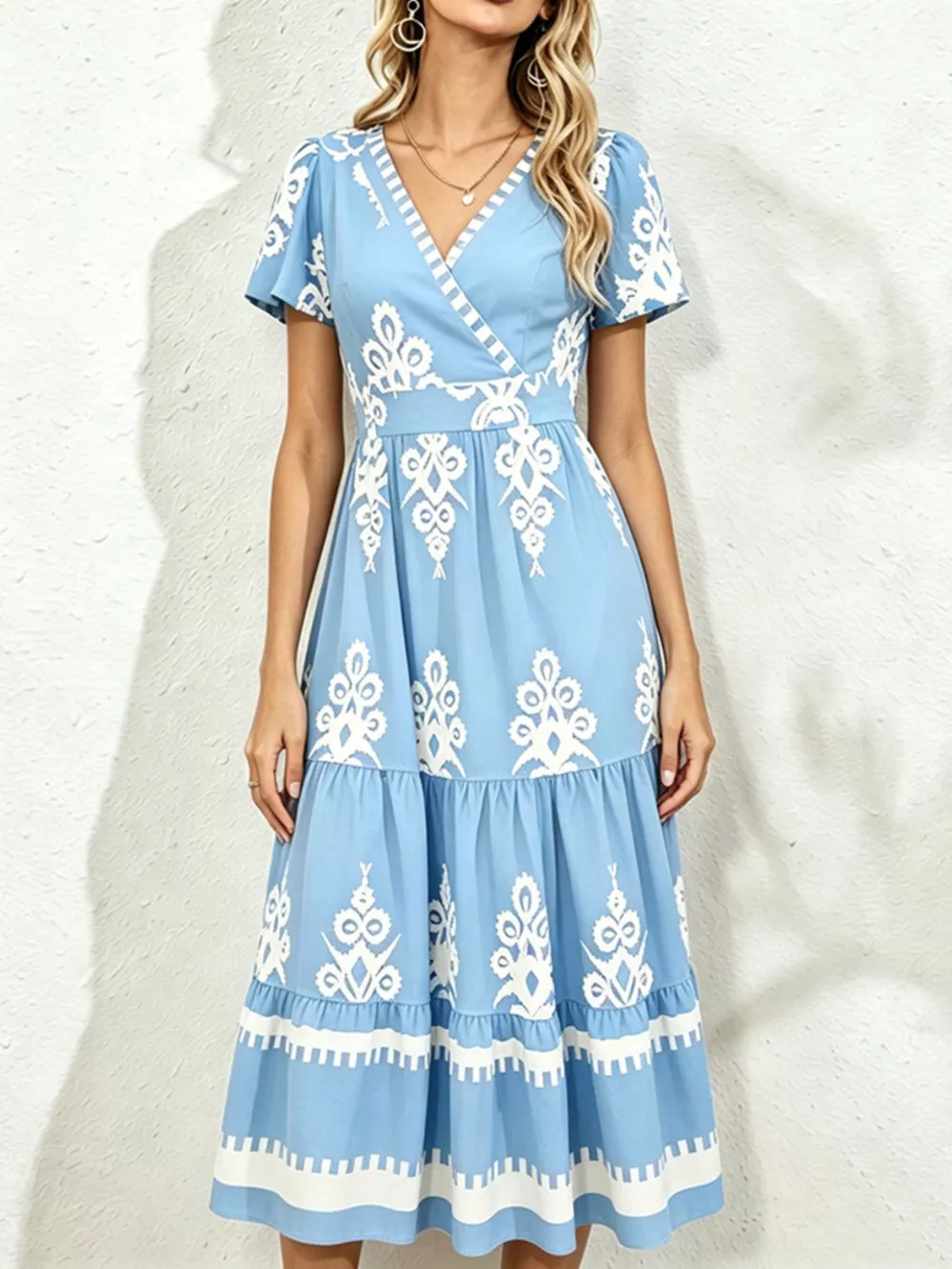 Printed Surplice Short Sleeve Dress, image 4