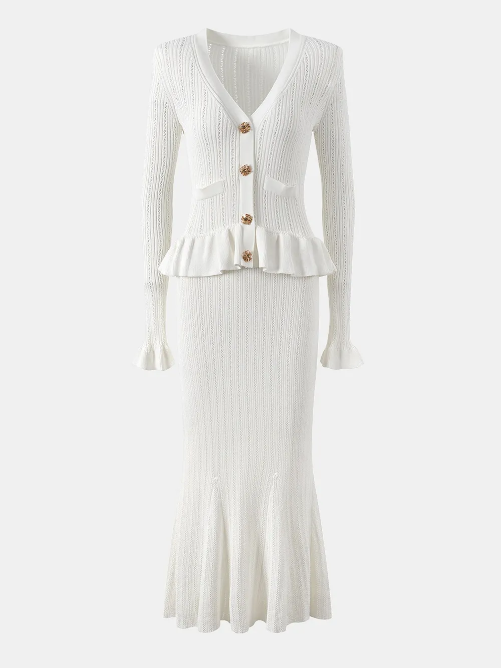 Ruffled V-Neck Top and Midi Skirt Sweater Set, image 3