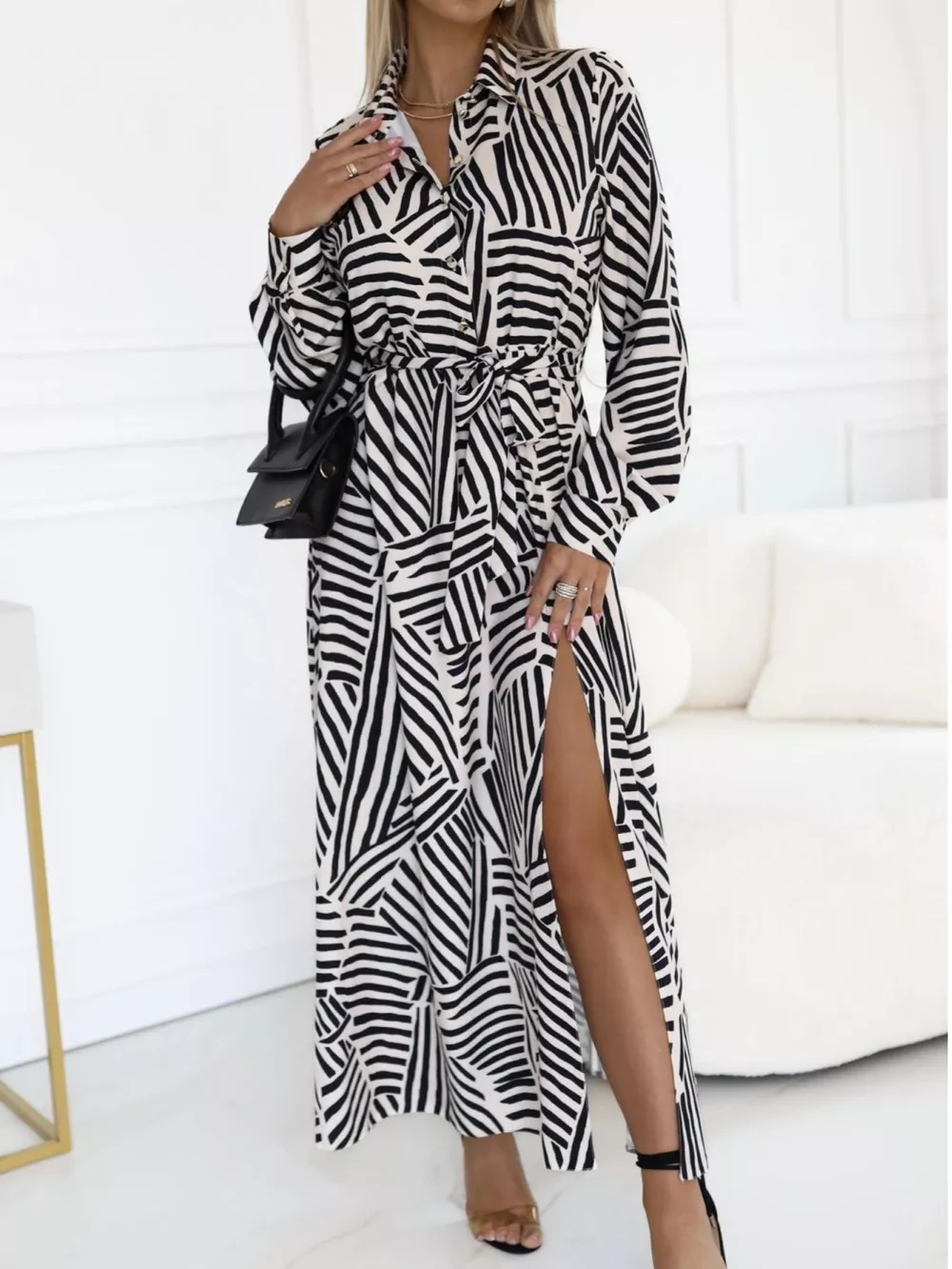 Geometric Print Belted Maxi Shirt Dress, image 2