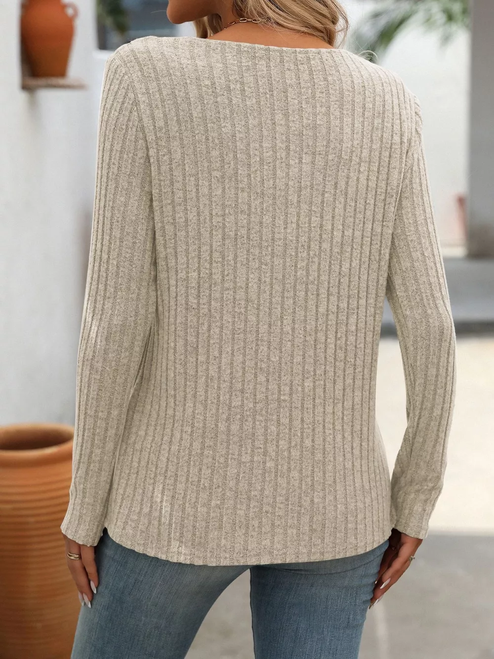 Ribbed Knit Long Sleeve Button Detail T-Shirt, image 4