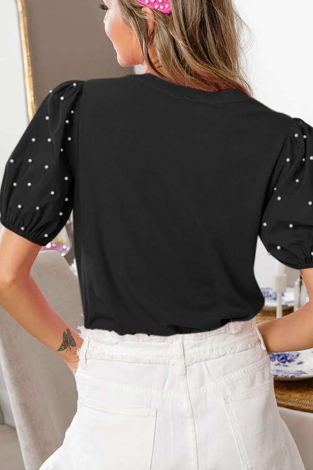 Pearl Detail Round Neck Short Sleeve Blouse, image 2