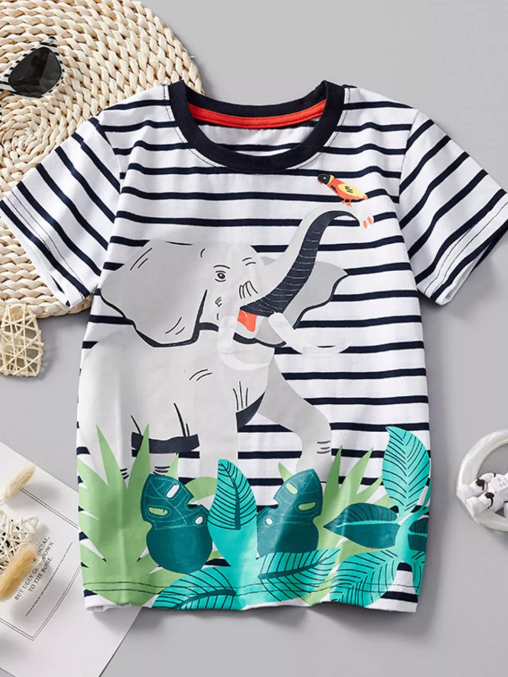 Children's Striped Elephant Round Neck T-Shirt