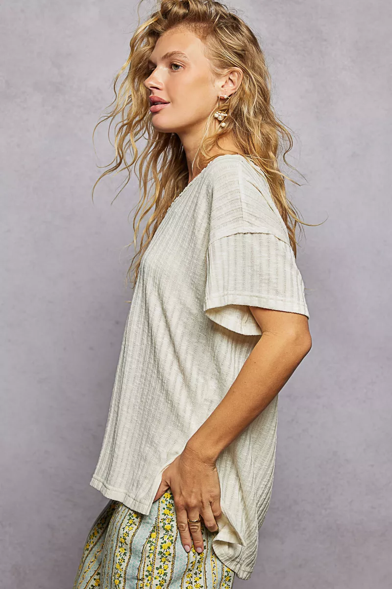 Ribbed Knit V-Neck Short Sleeve T-Shirt with Side Slit, image 2