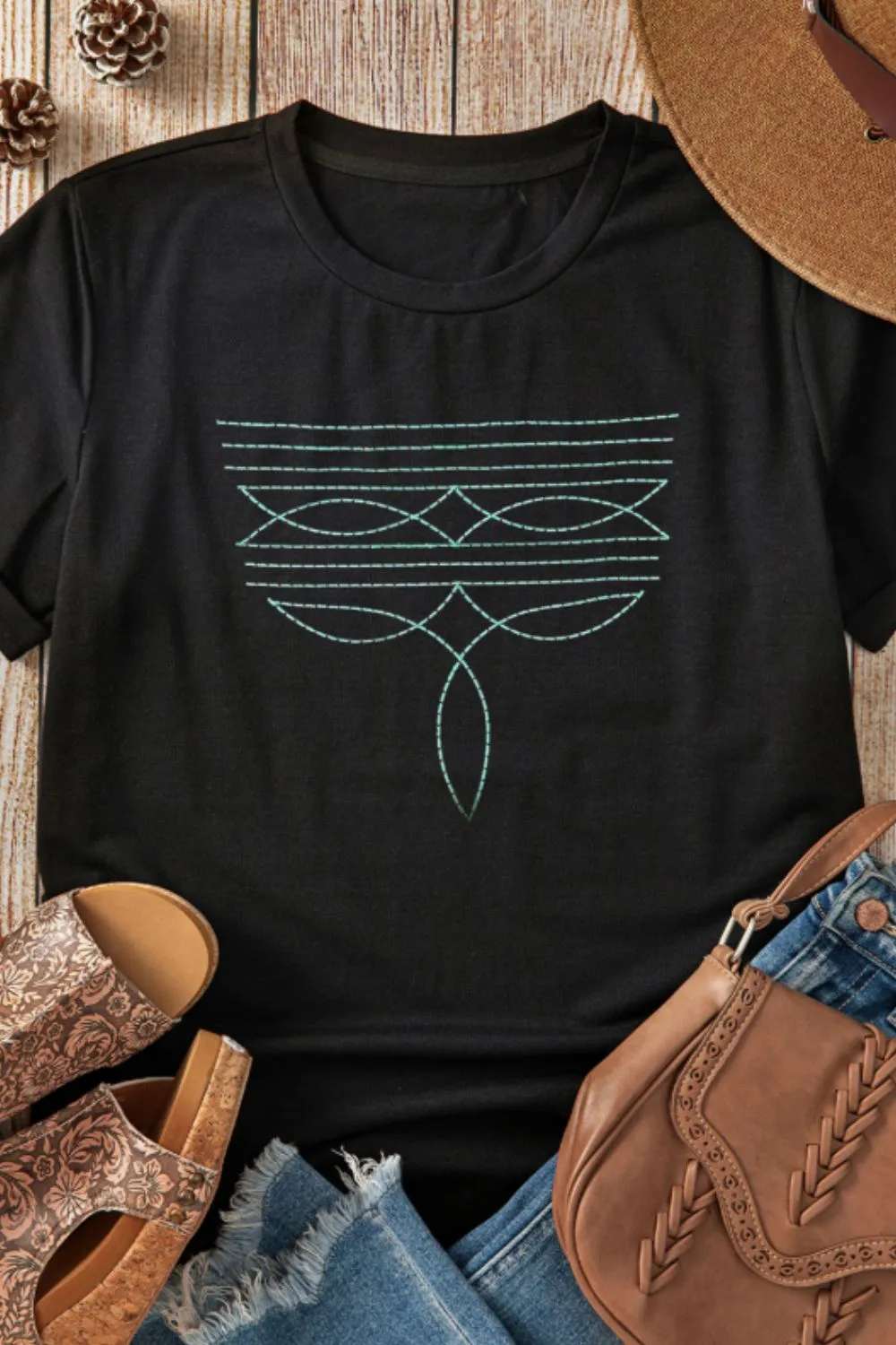 Embroidered Round Neck Short Sleeve T-Shirt, image 2