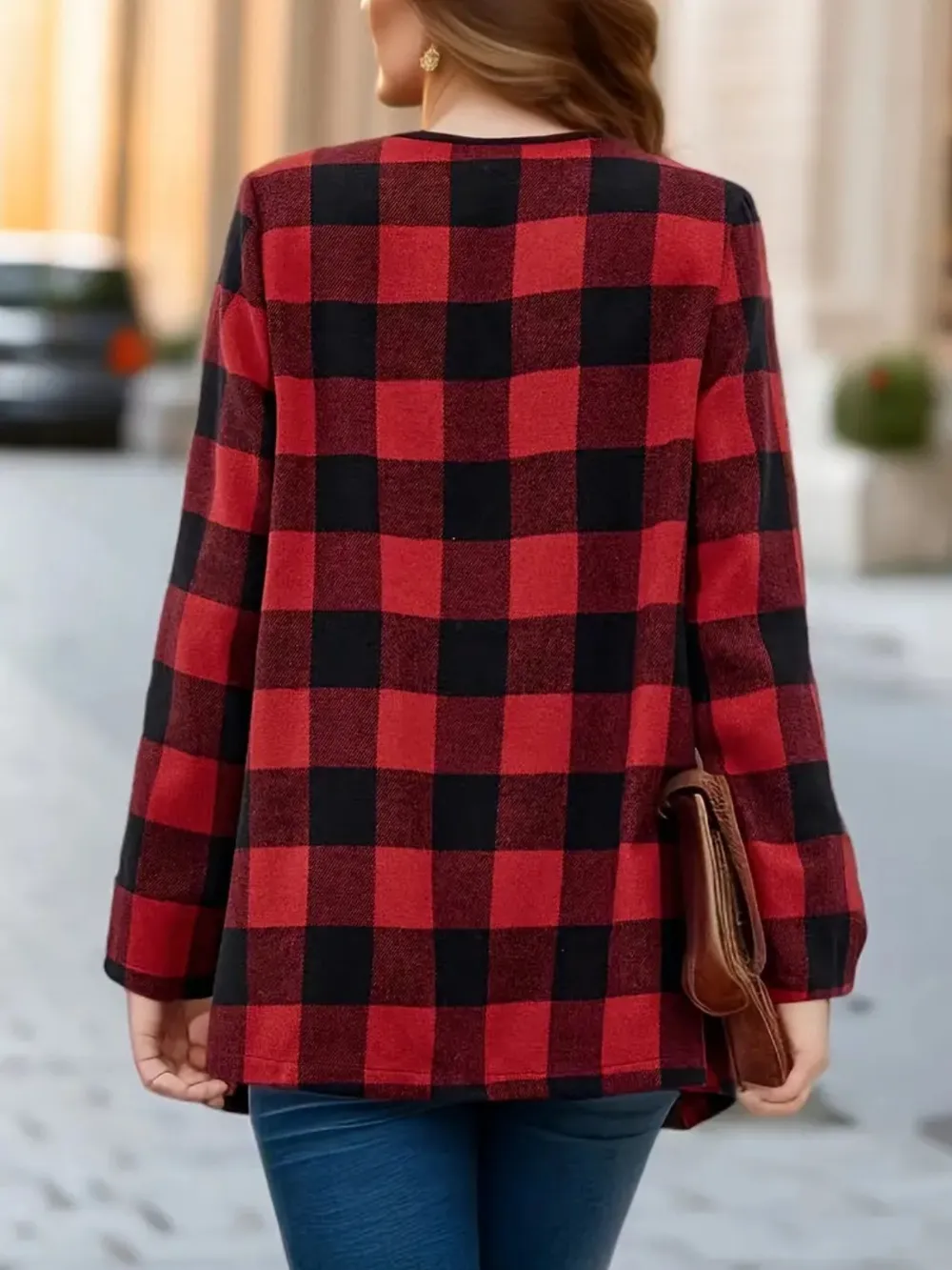 Plaid Open Front Long Sleeve Jacket, image 2