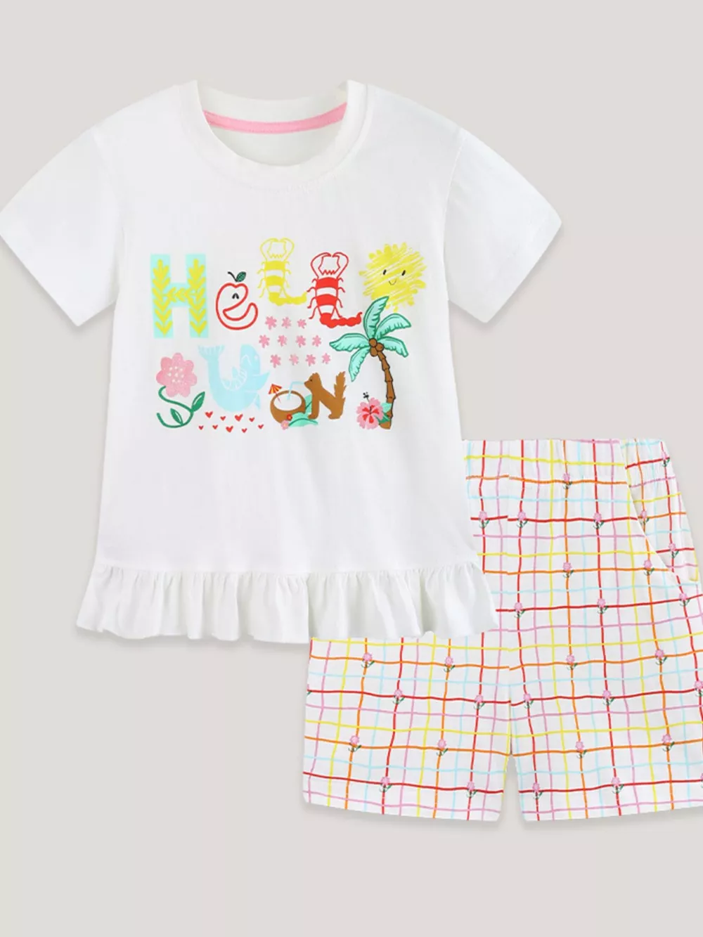 Children's Cartoon Graphic Ruffle Trim Tee & Plaid Shorts Set, image 2