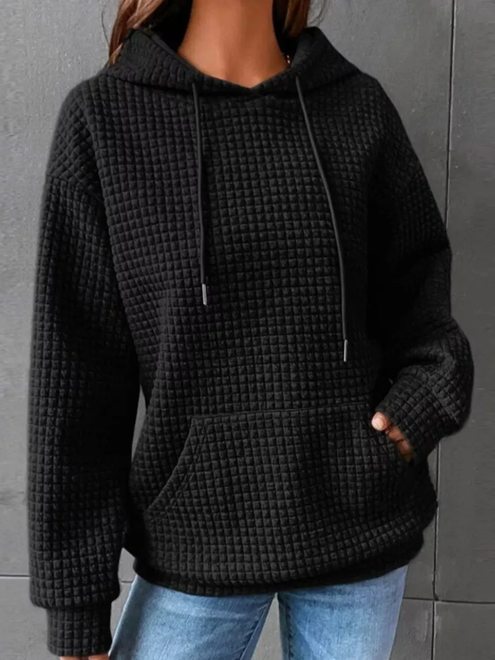 Waffle Knit Hoodie with Drawstring Details