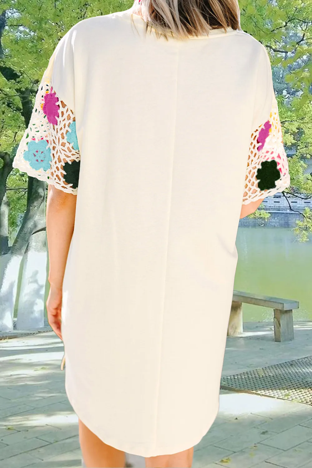 Openwork Crochet Round Neck Half Sleeve Dress, image 3