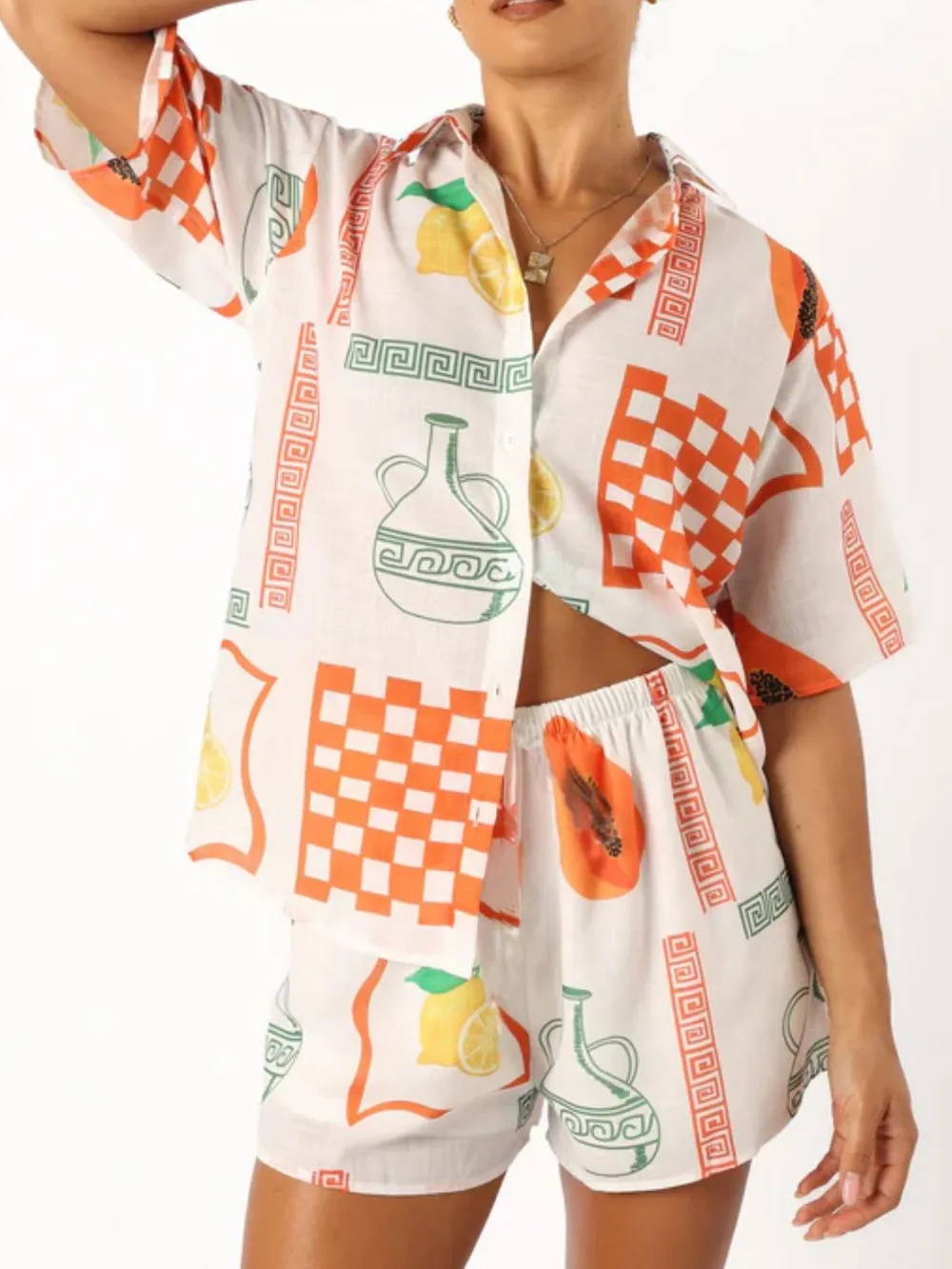 Printed Button Up Top and Shorts Set, image 2