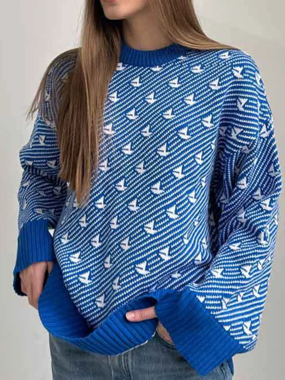 Contrast Round Neck Long Sleeve Sweater, image 9