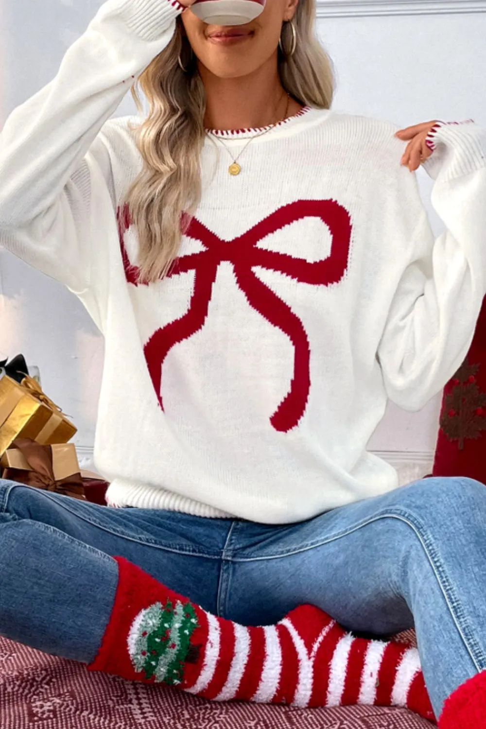 Bow Round Neck Drop Shoulder Sweater, image 3