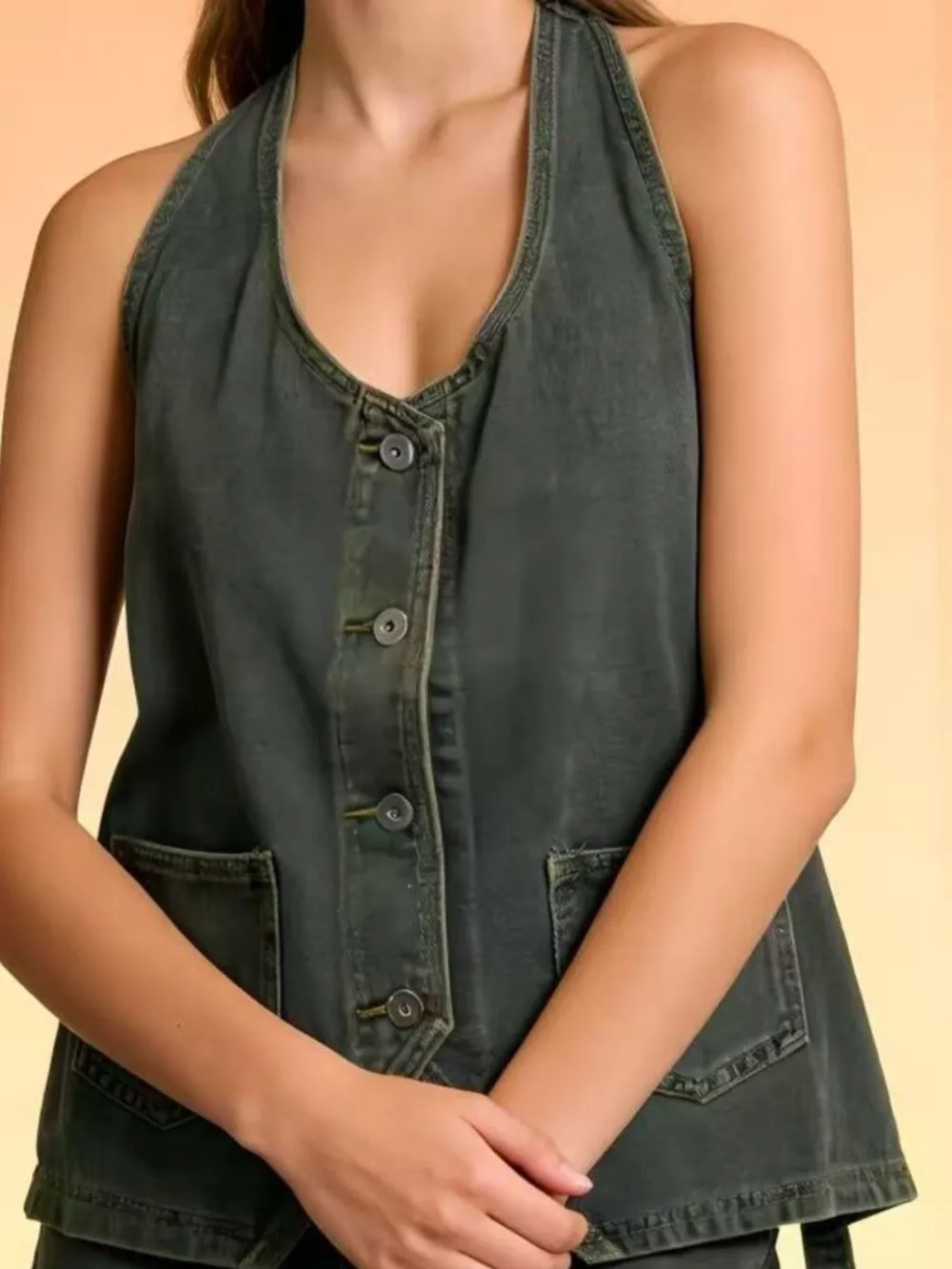 Halter Neck Button-Down Denim Vest, image 12