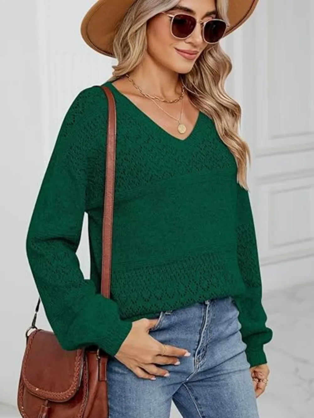 Eyelet V-Neck Long Sleeve Sweater, image 6
