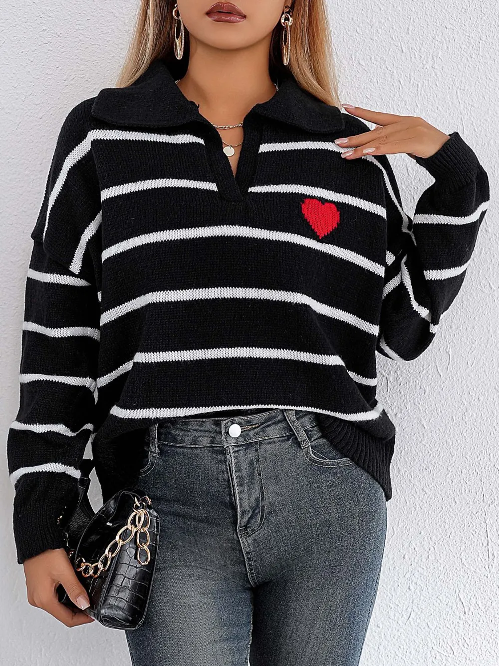 Striped Johnny Collar Long Sleeve Sweater, image 3