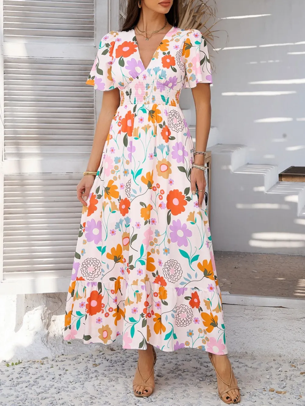 Smocked Printed V-Neck Short Sleeve Maxi Dress, image 16