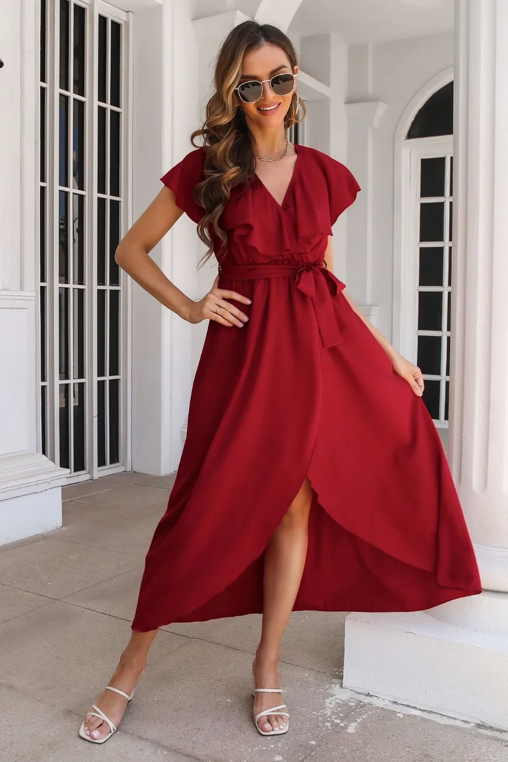 Ruffled Surplice Tie Waist Slit Midi Dress, image 2