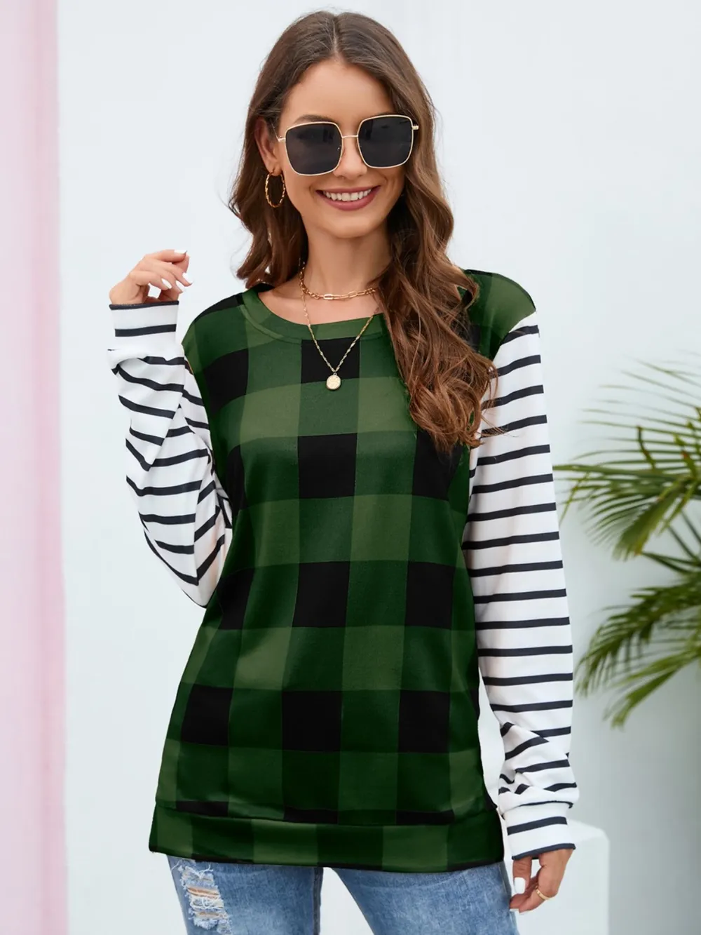 Plaid Striped Round Neck Long Sleeve T-Shirt, image 17