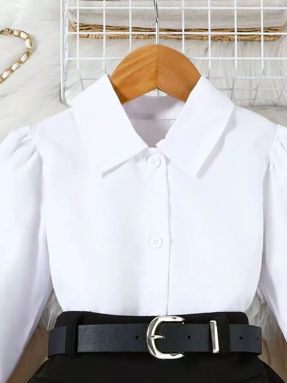 Children's Long Sleeve Shirt & Pleated Skirt Set with Belt, image 8