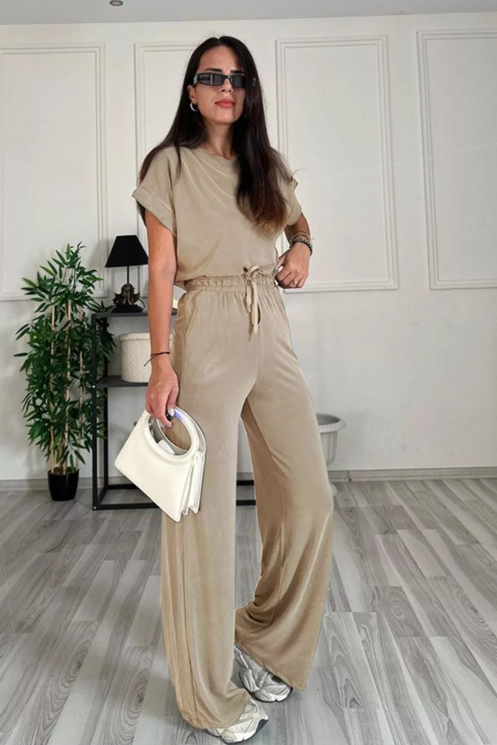 Round Neck Short Sleeve Top and Drawstring Pants Set, image 3