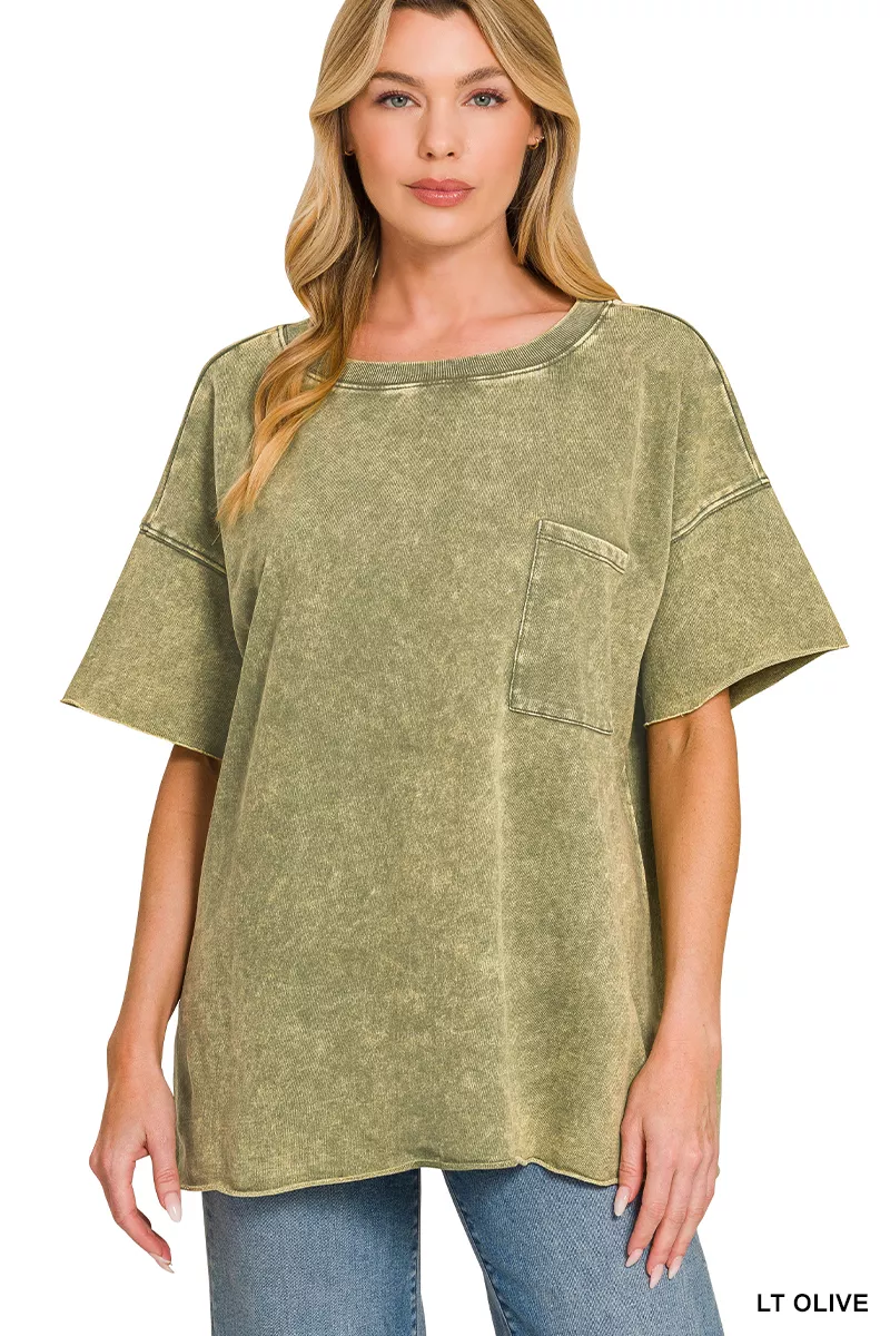 French Terry Washed Drop Shoulder Raw Edge Top