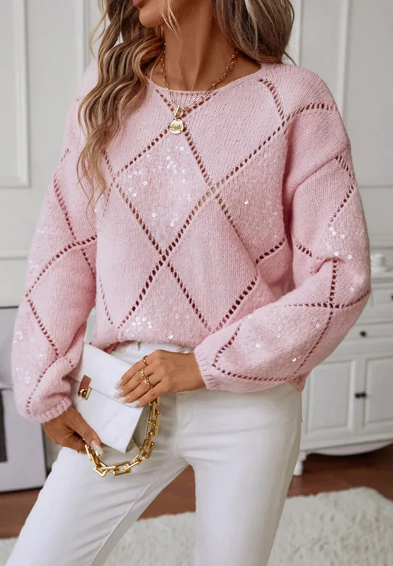Openwork Sequin Round Neck Long Sleeve Sweater, image 2