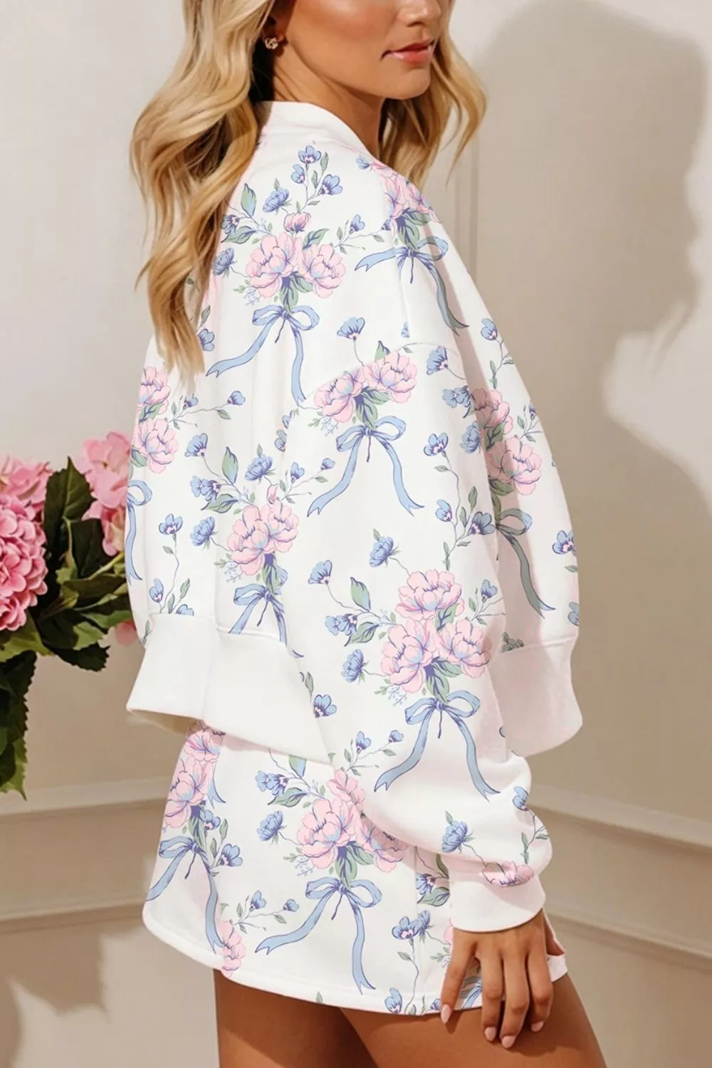 Floral Print Long Sleeve Top Elastic Waist Skort Two Piece Set, image 4