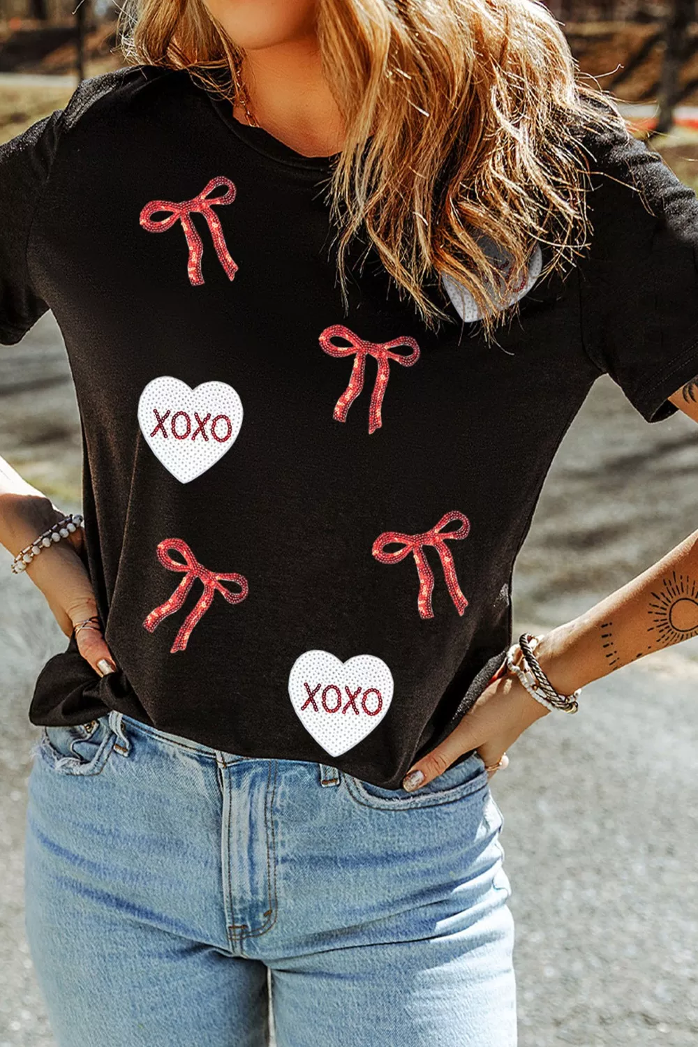 Valentines Bow XOXO Heart Sequin Patched Loose T Shirt, image 2