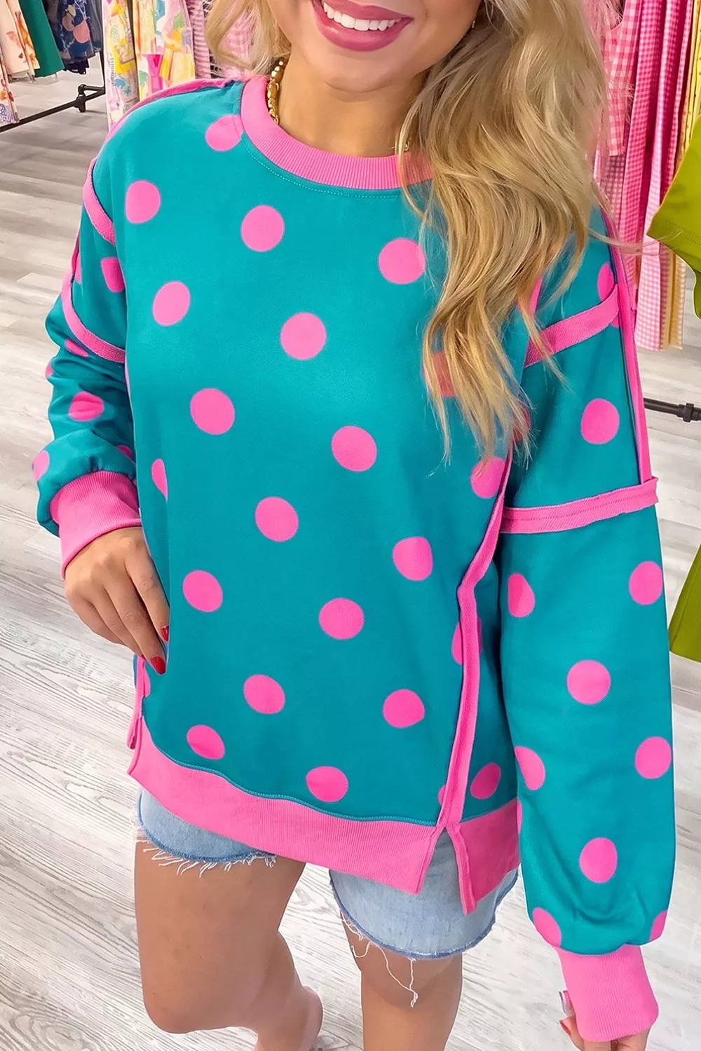 Polka Dot Contrast Patchwork Round Neck Baggy Sweatshirt, image 3