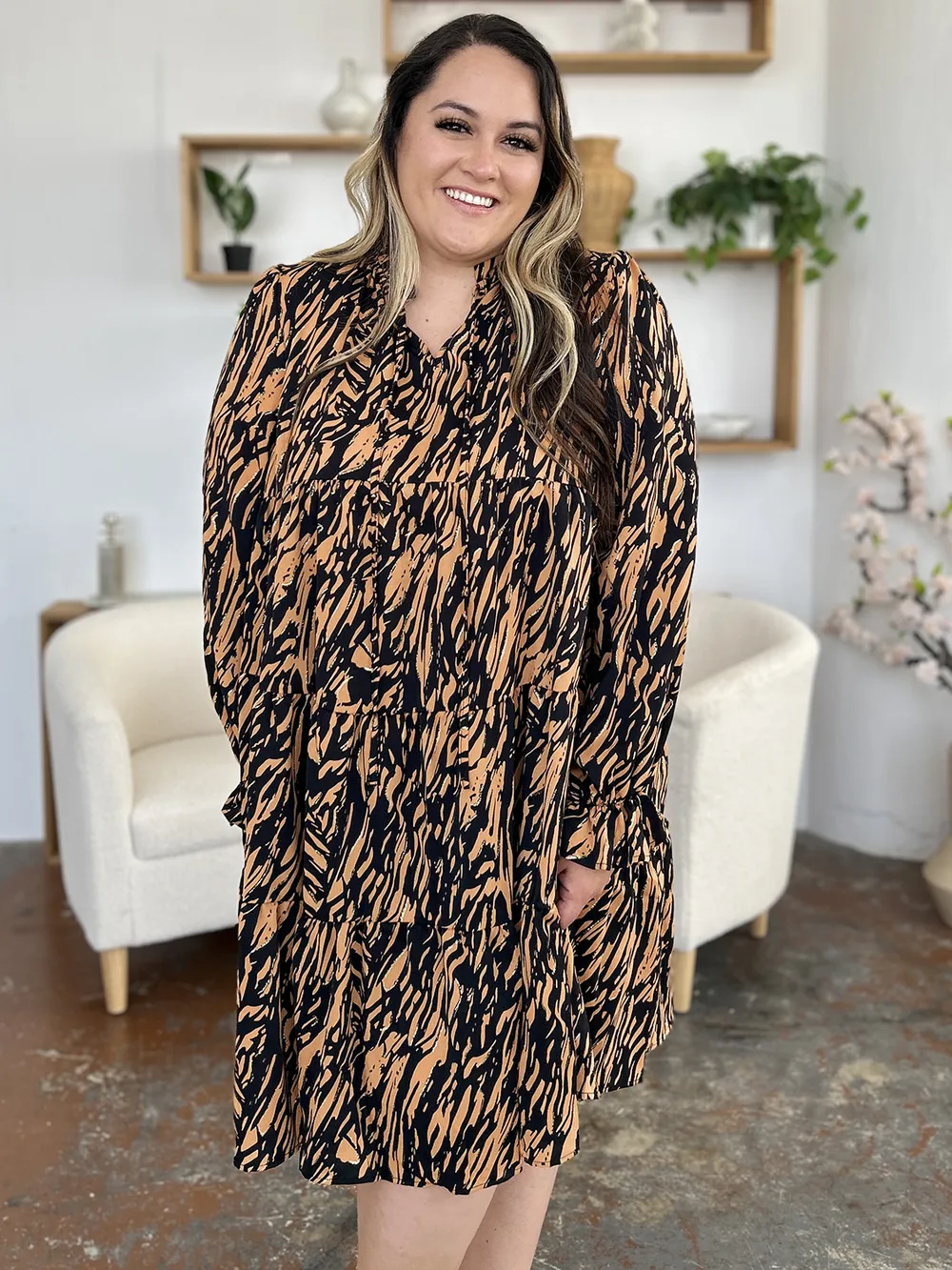 Full Size Printed Ruffle Hem Long Sleeve Dress, image 3