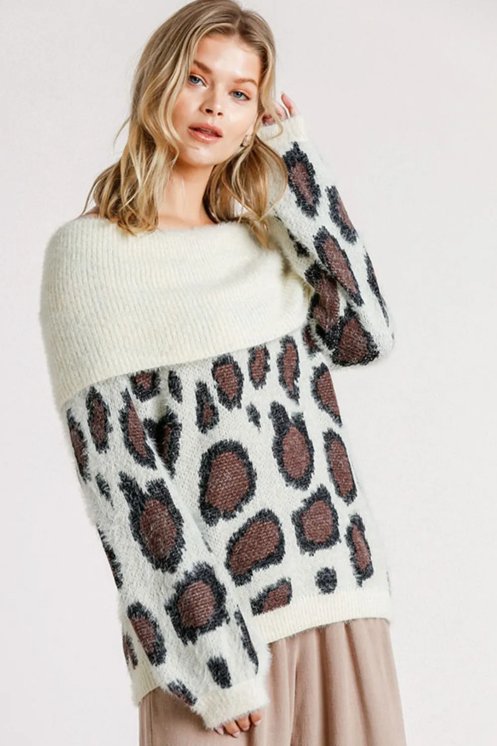 Full Size Leopard Off-Shoulder Long Sleeve Sweater Plus Size