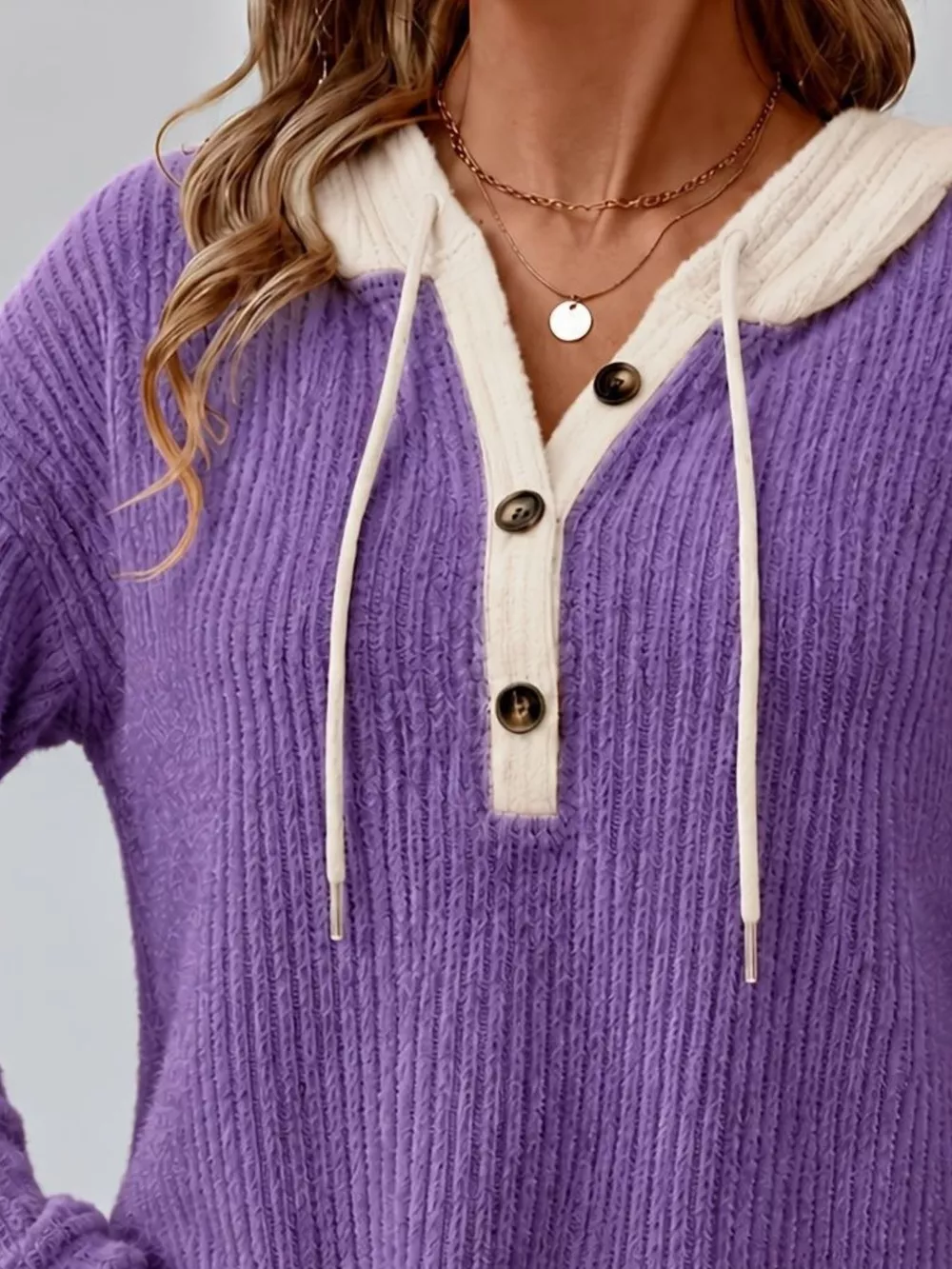 Full Size Drawstring Button Detail Hooded Sweater Plus Size, image 2