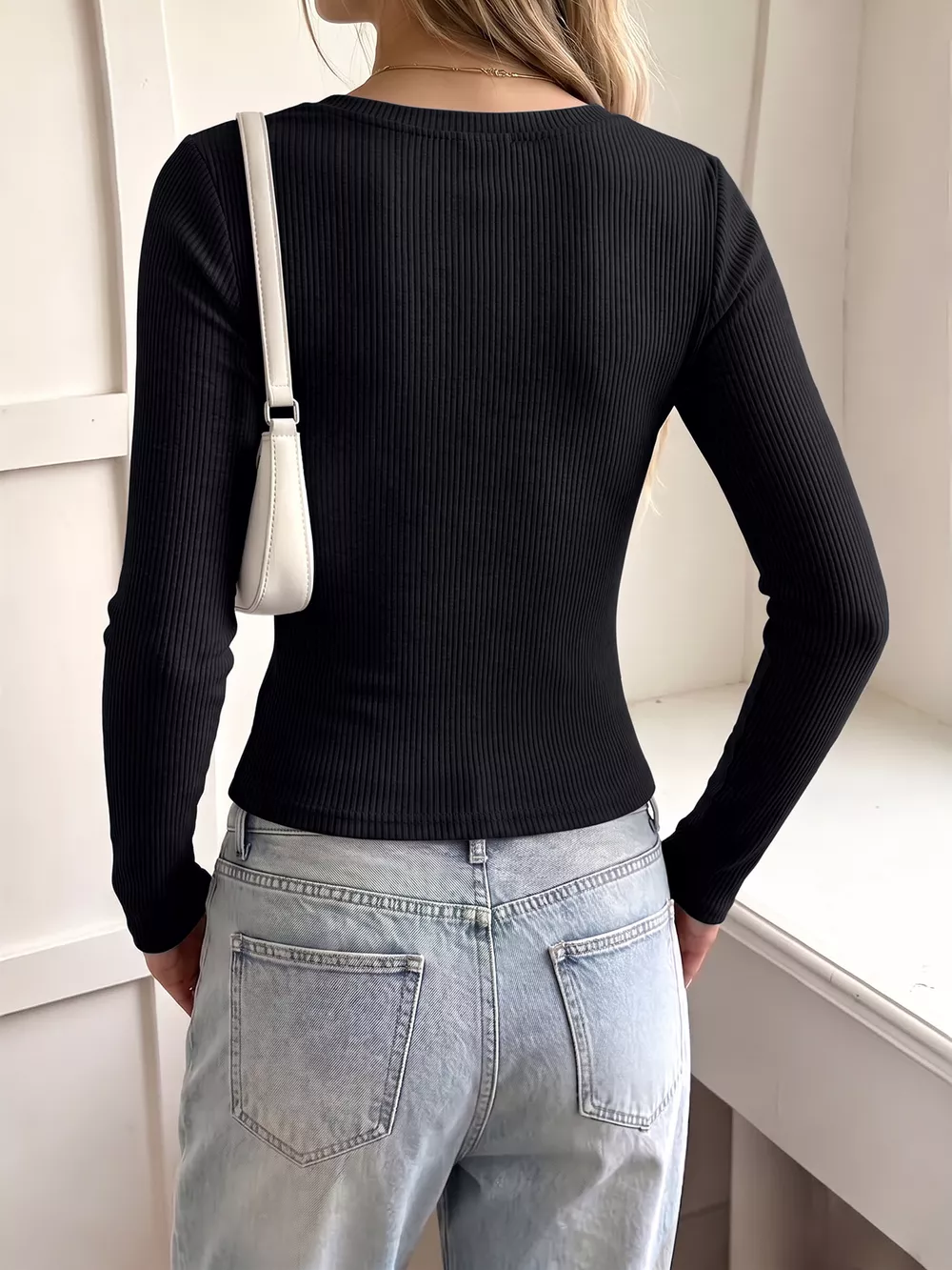 Lace Trim Ribbed Knit Long Sleeve T-Shirt, image 8