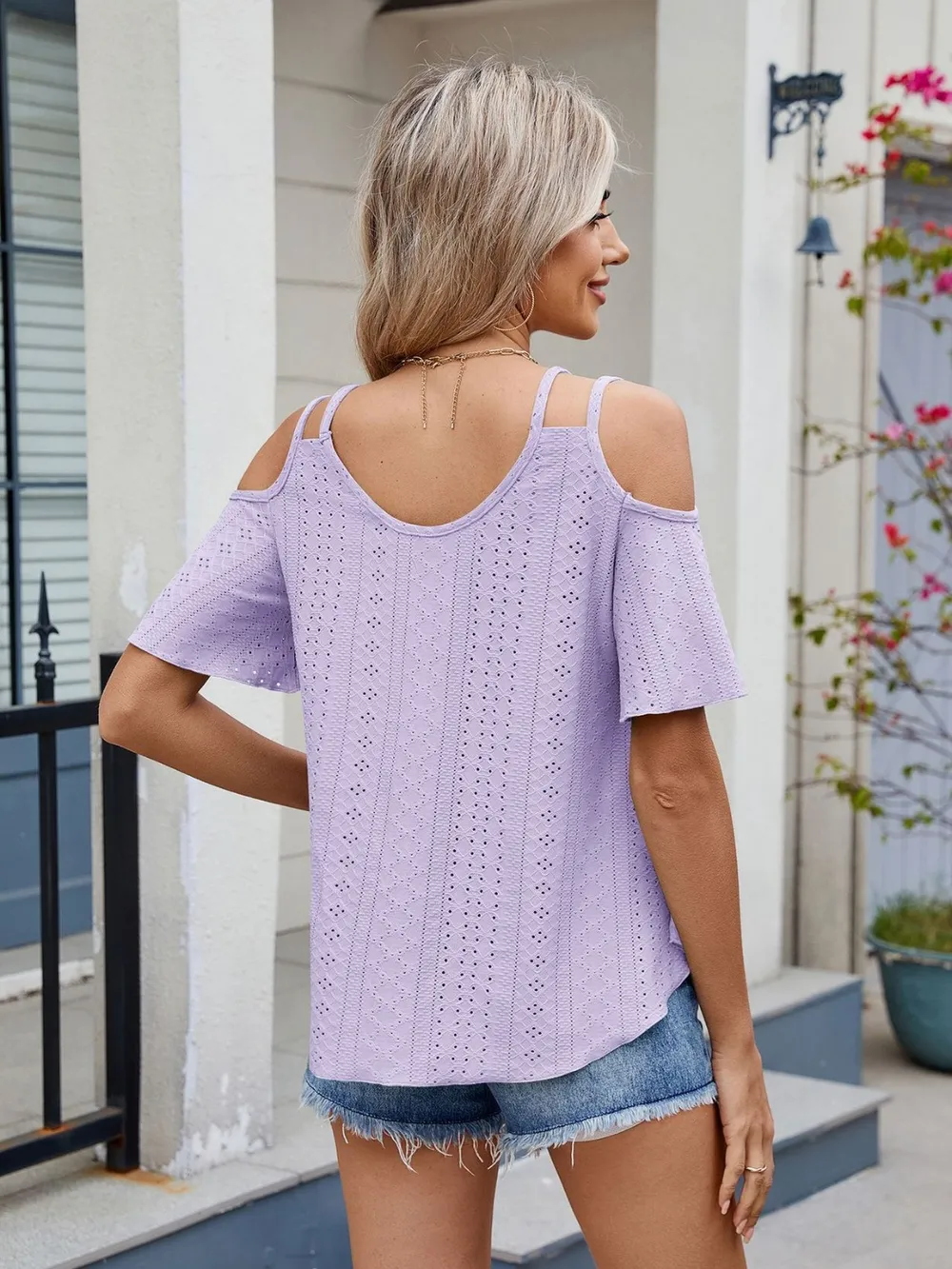 Round Neck Cold Shoulder Eyelet T-Shirt, image 4