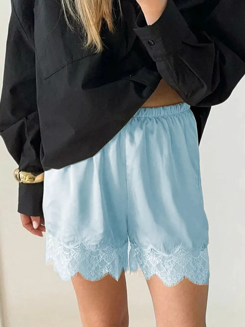 Lace Trim Elastic Waist Shorts, image 2