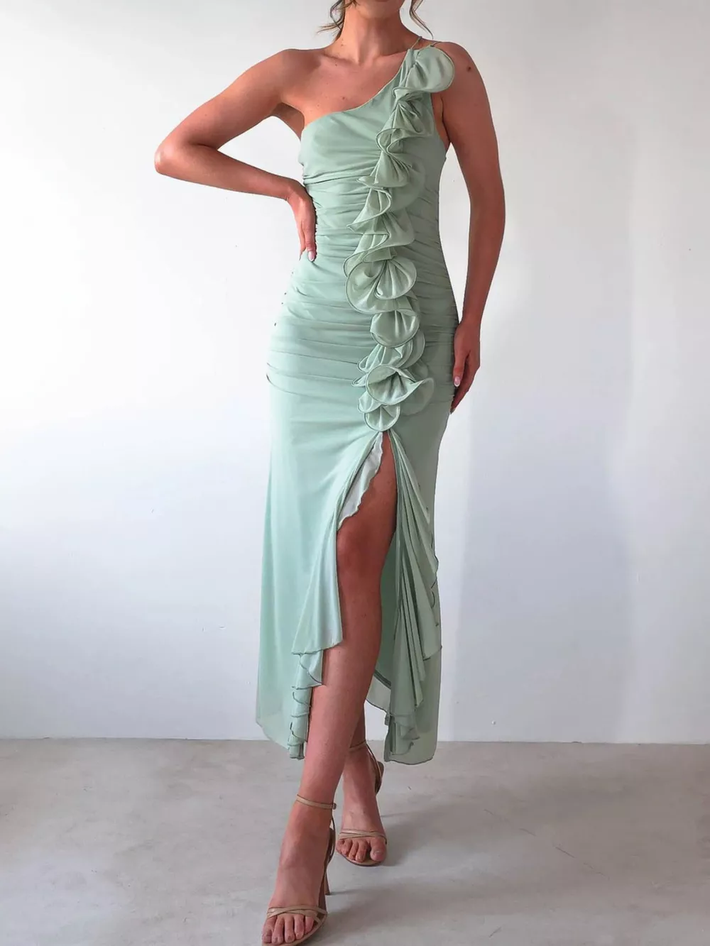 One-Shoulder Ruffle Slit Dress, image 3