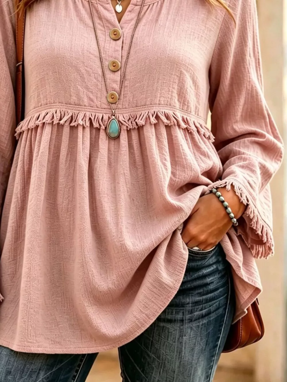 Button-Down Detail Fringed Hem Blouse, image 2