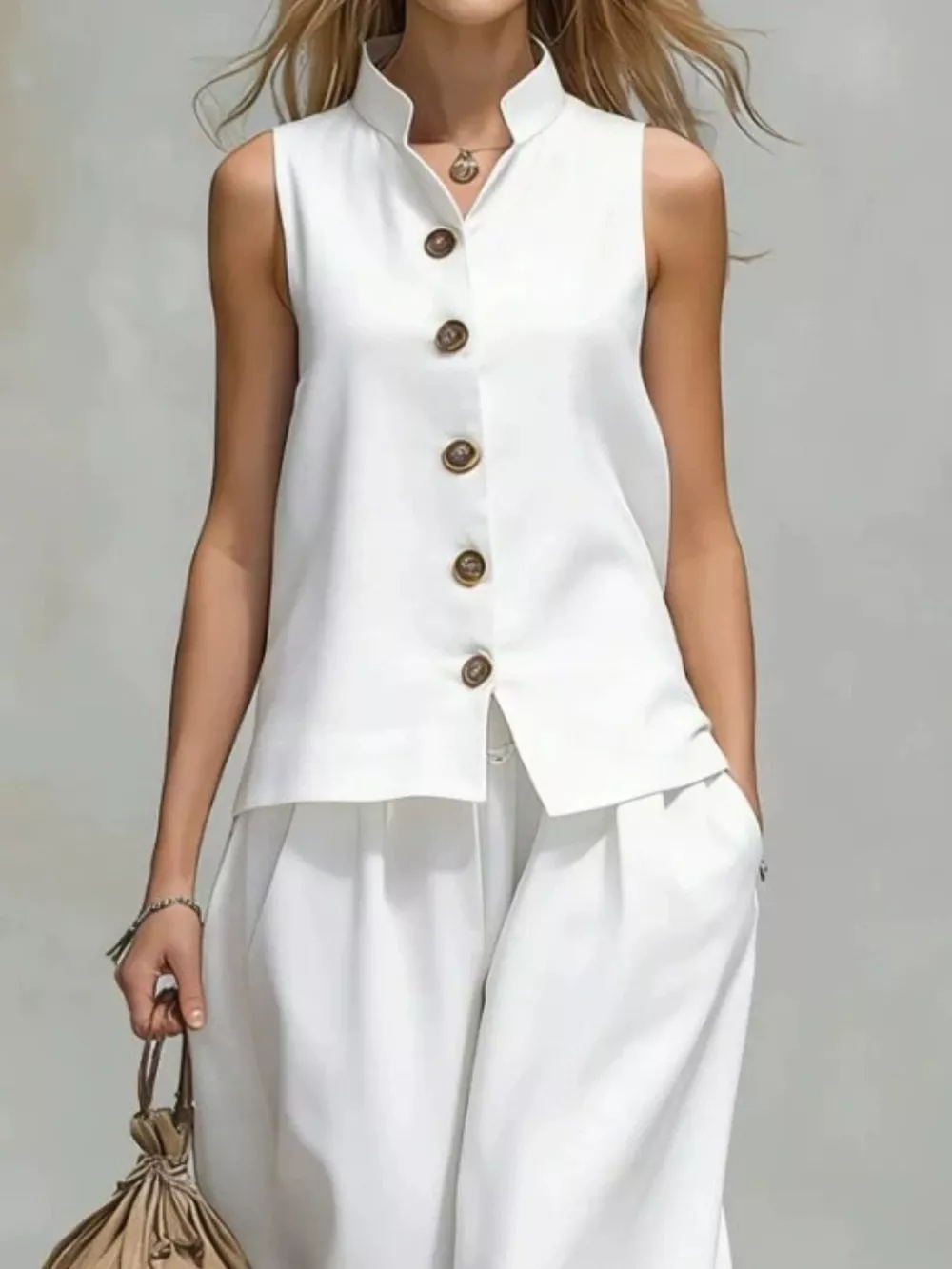 Sleeveless Button-Down Top and Wide-Leg Pant Set, image 4
