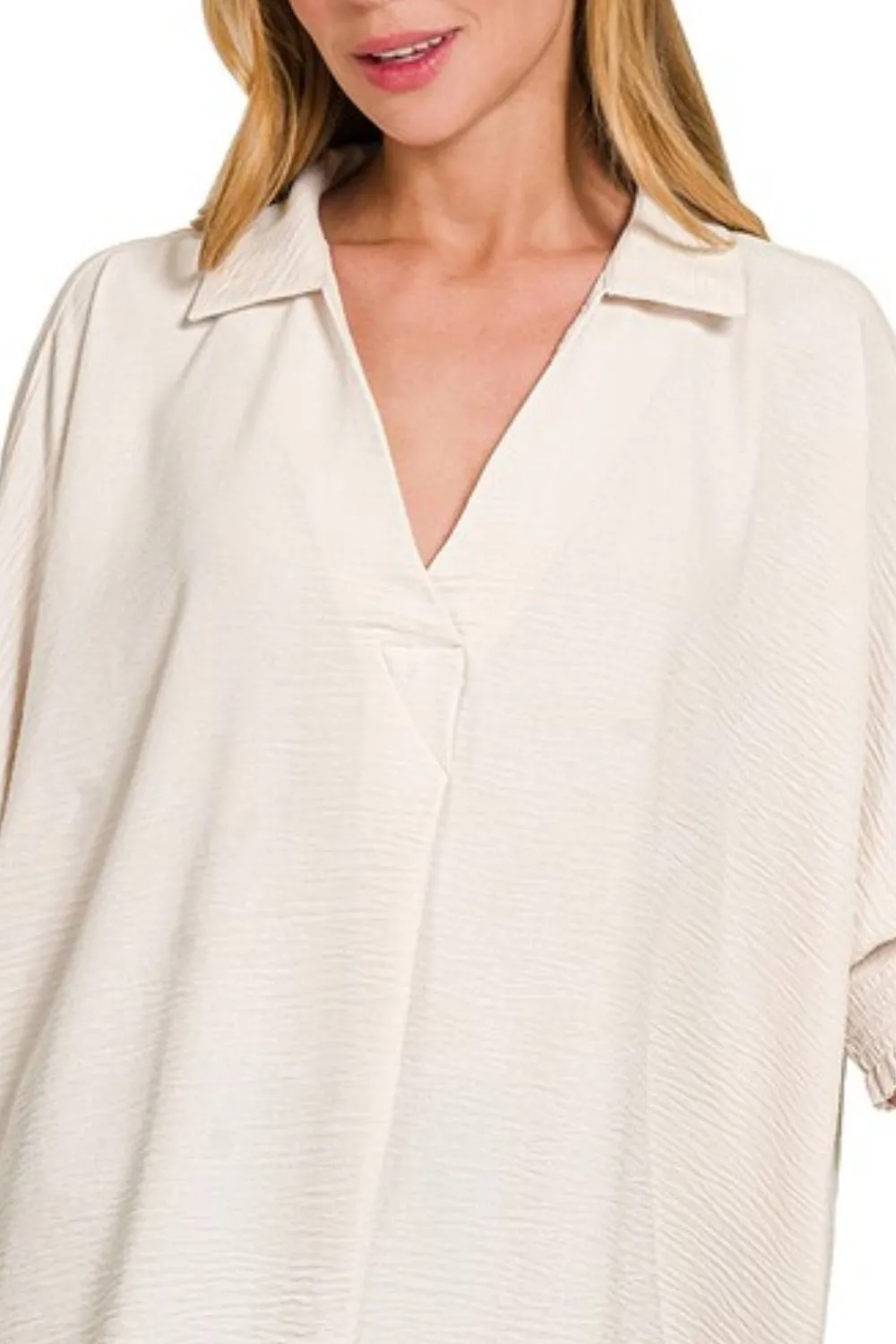 Airflow Collar Tee with Smocked Sleeve Band Top, image 2