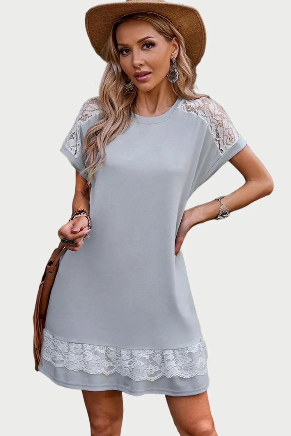 Lace Detail Round Neck Short Sleeve Dress, image 2