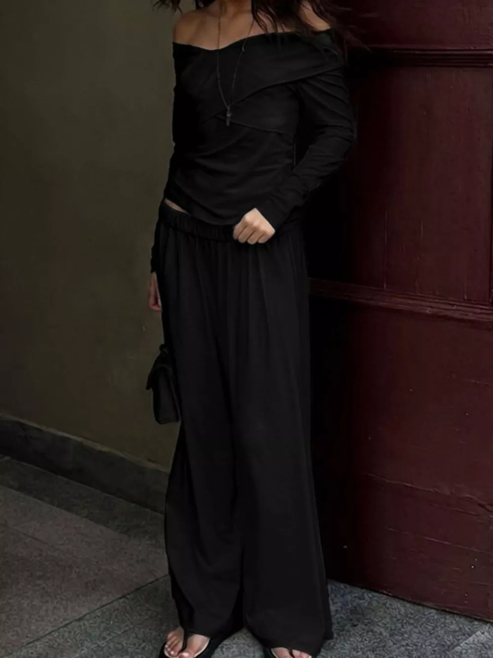 Off-Shoulder Long Sleeve Top and Wide-Leg Pants Set, image 9