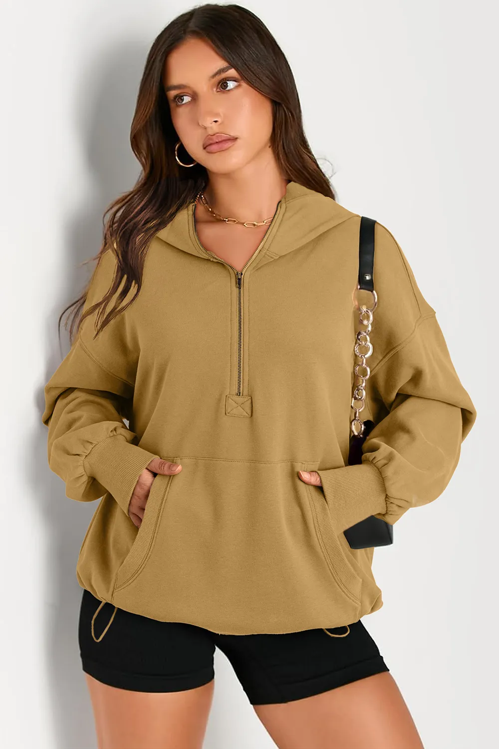 Pocketed Half Zip Long Sleeve Hoodie, image 3