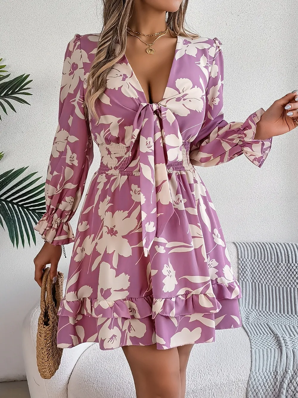 Tied Ruffled Printed Long Sleeve Dress, image 2