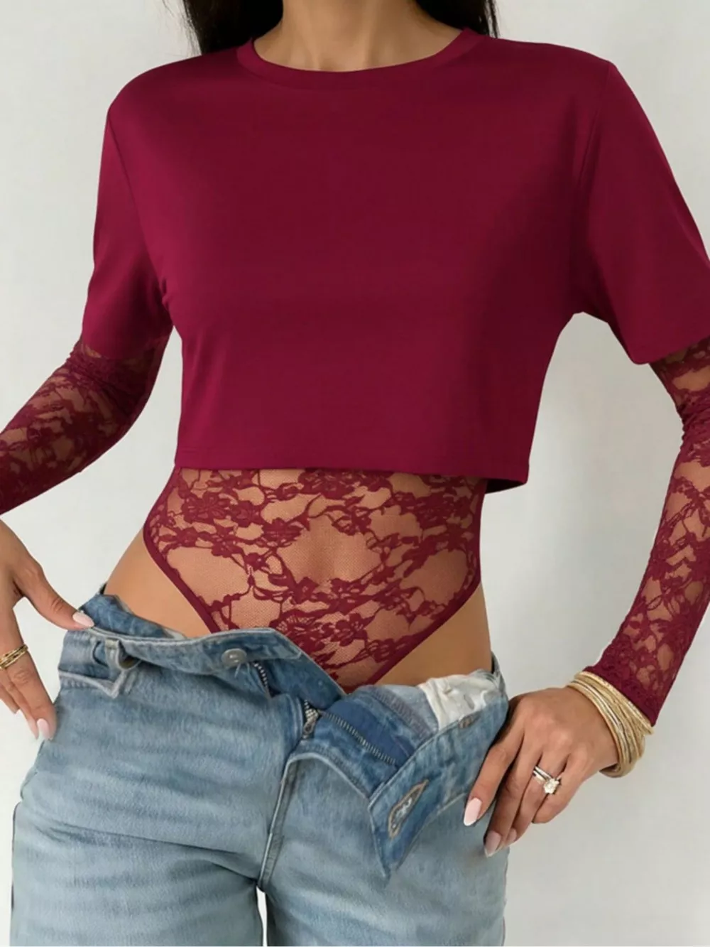 Lace Patchwork Round Neck Bodysuit, image 3