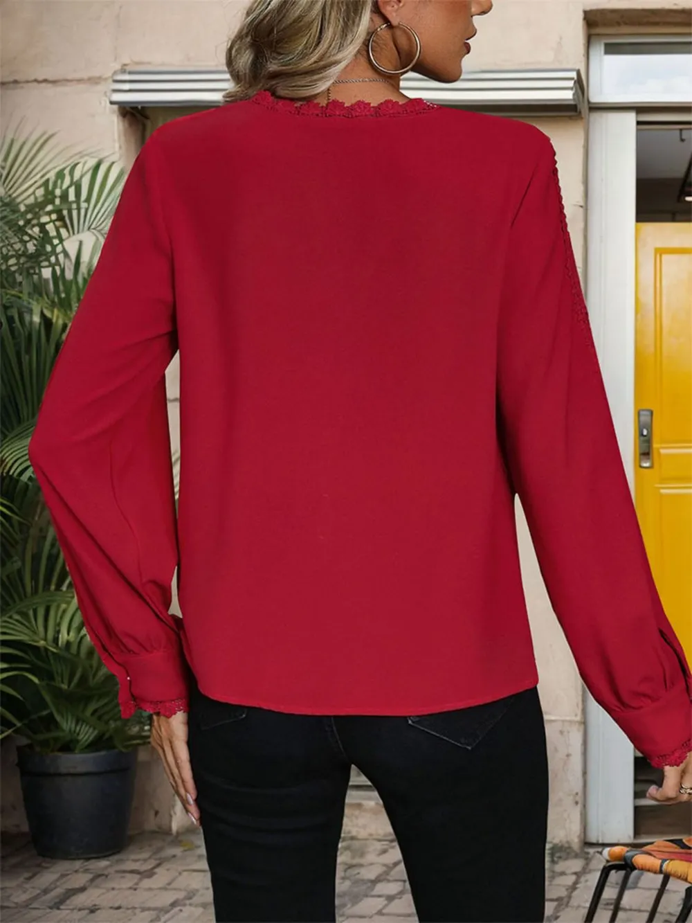 Lace Detail V-Neck Long Sleeve Blouse, image 2