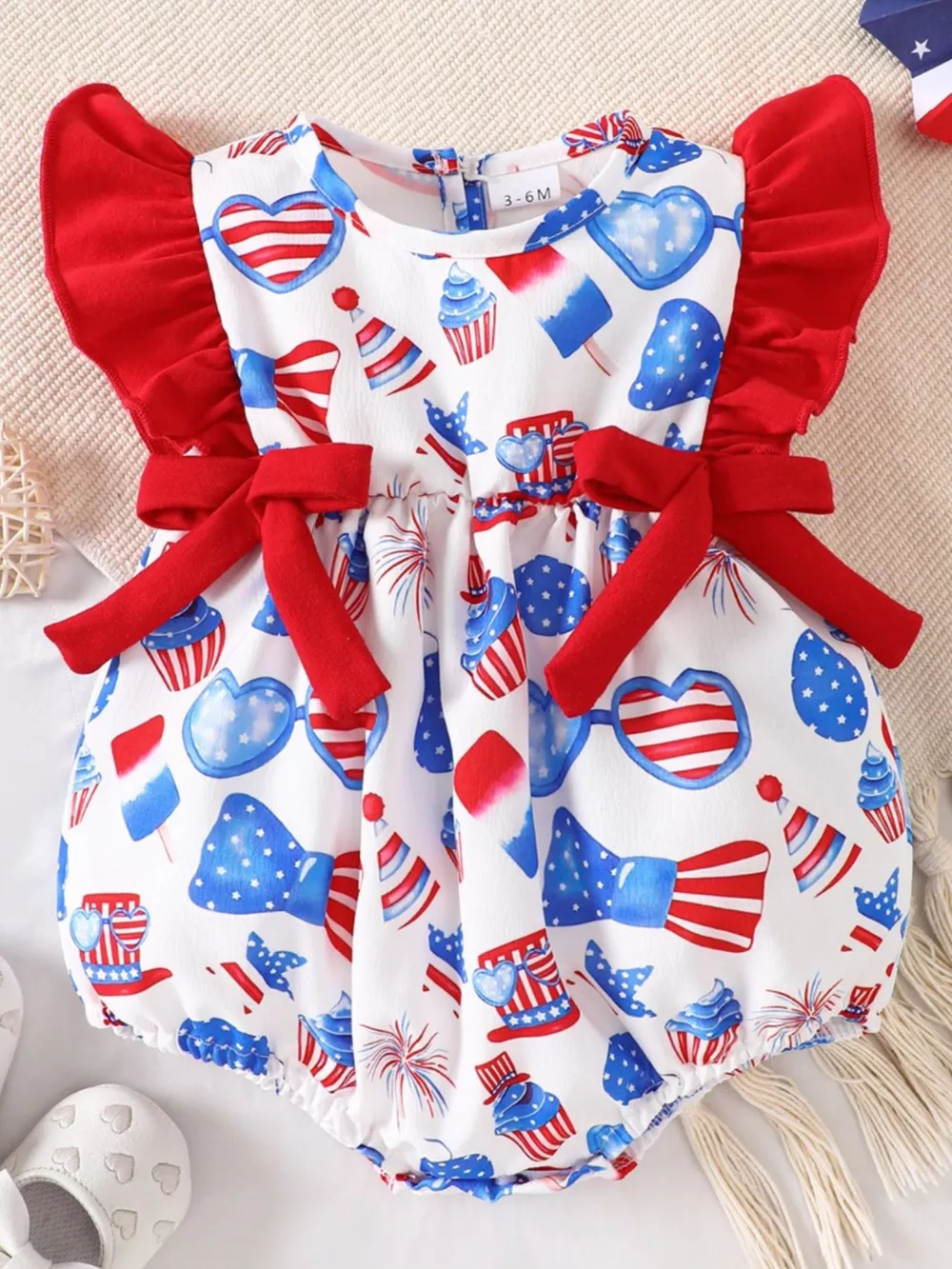 Children's Patriotic Print Ruffle Sleeve One-Piece